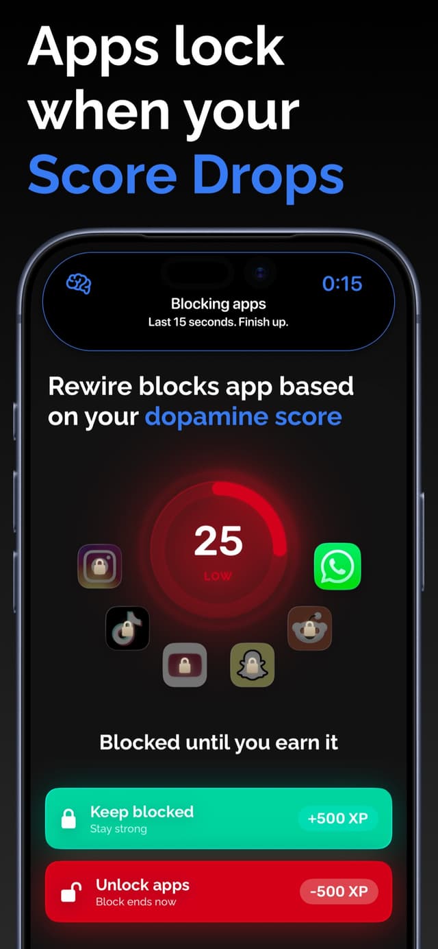 Smart App Blocking locks Instagram, TikTok and other apps when your Dopamine Score drops