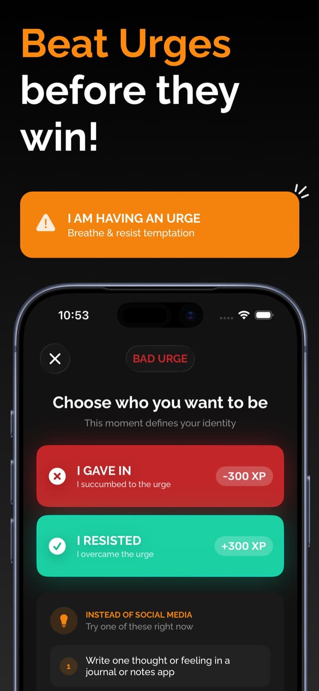 Urge flow: log an urge, then choose I resisted or I gave in