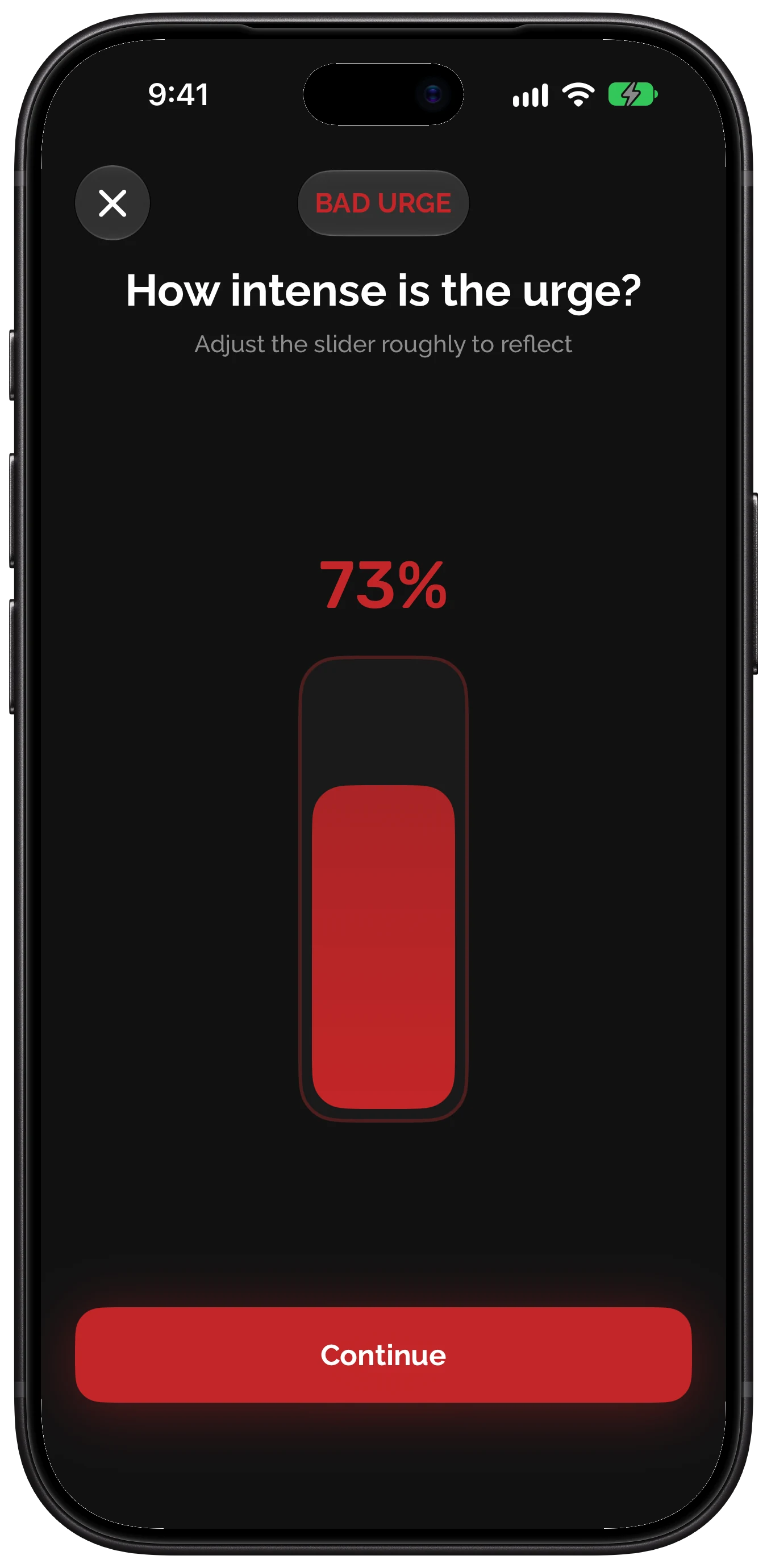 Rewire urge flow, Rate it: Slide to show how strong the urge is right now.