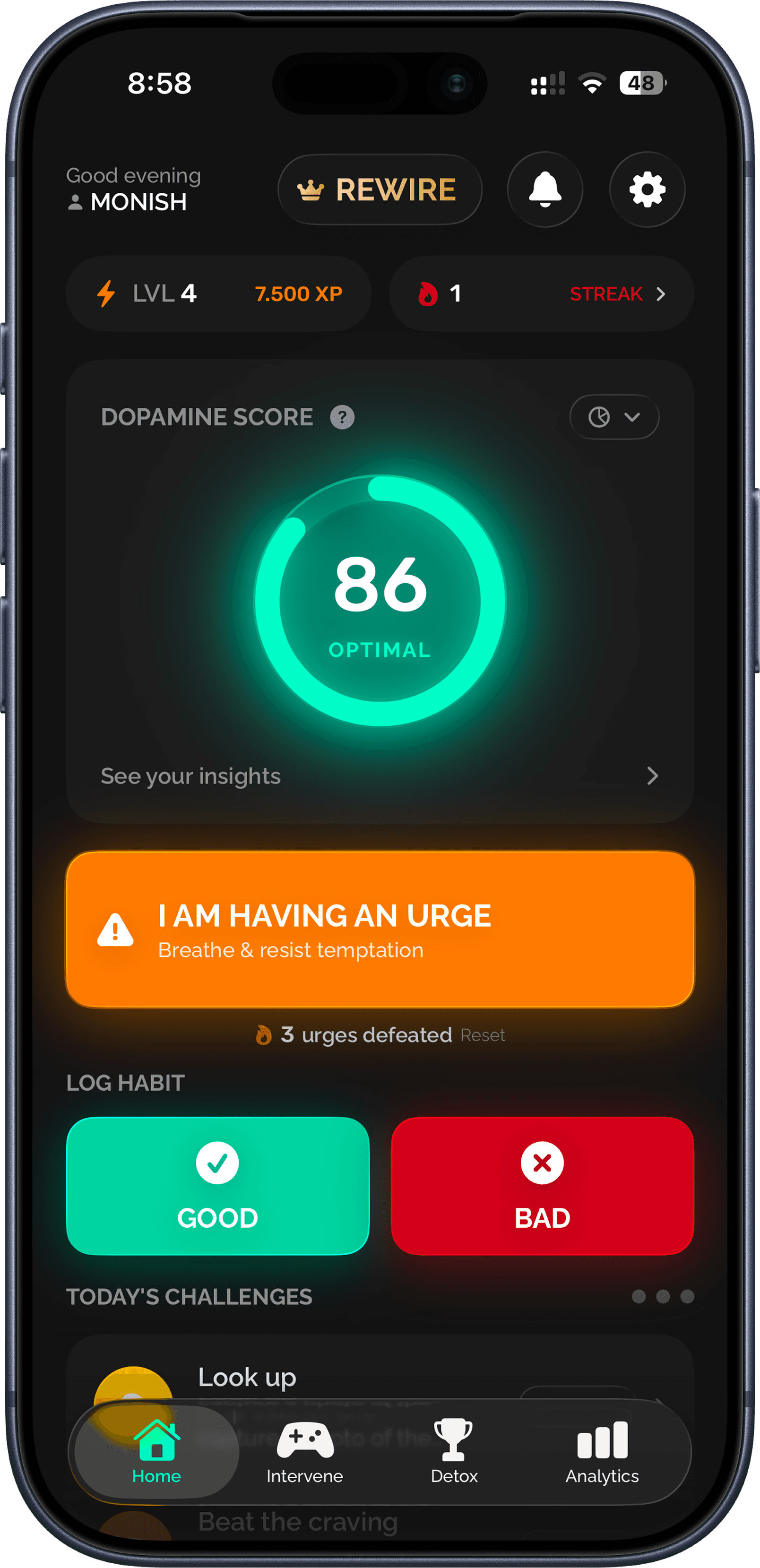 Rewire dopamine detox app screenshot showing daily habit tracking dashboard
