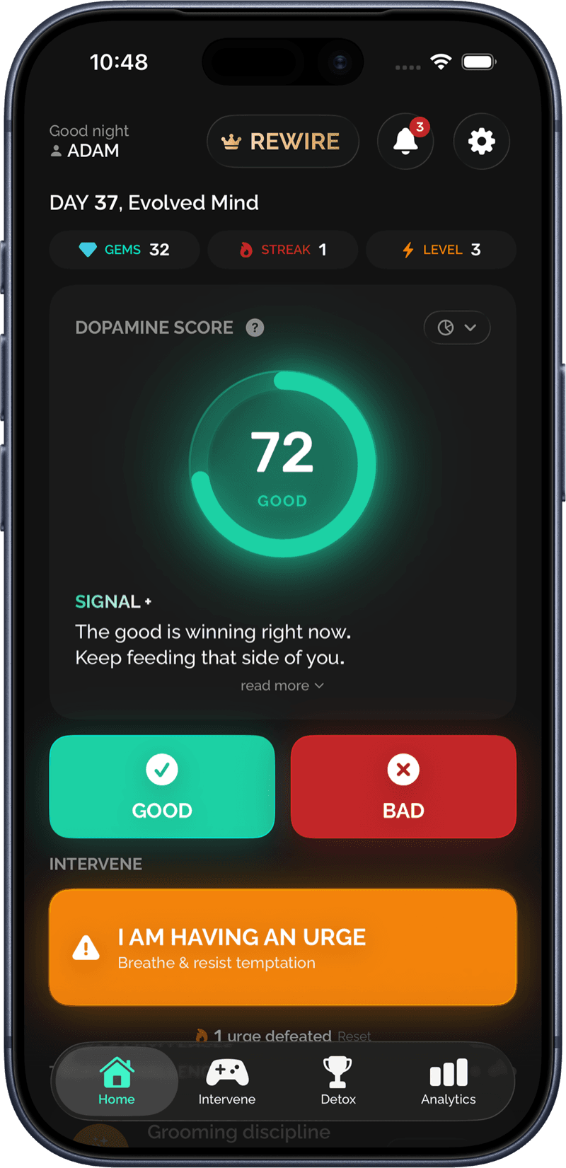 Rewire app home screen with the Dopamine Score, good and bad habit logging, and the urge button