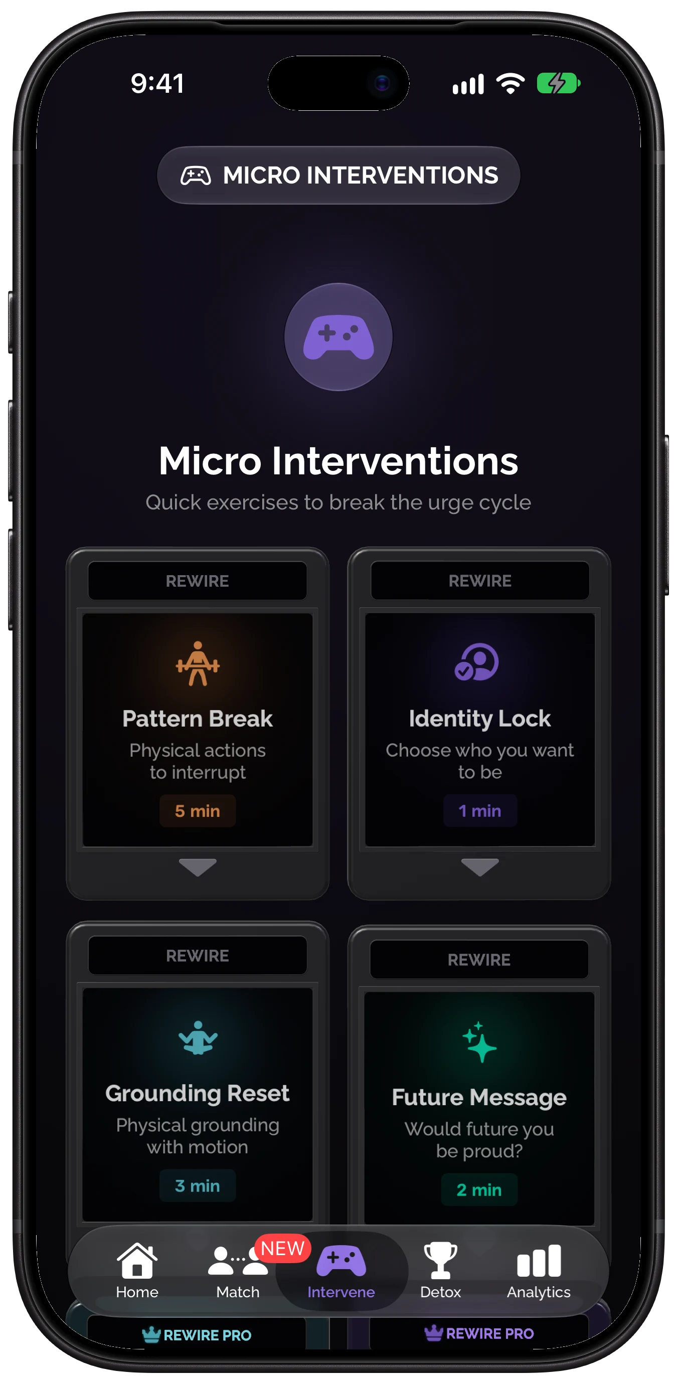 The Intervene tab in Rewire: Micro Interventions, with 3D cartridges for Pattern Break, Identity Lock, Grounding Reset and Future Message