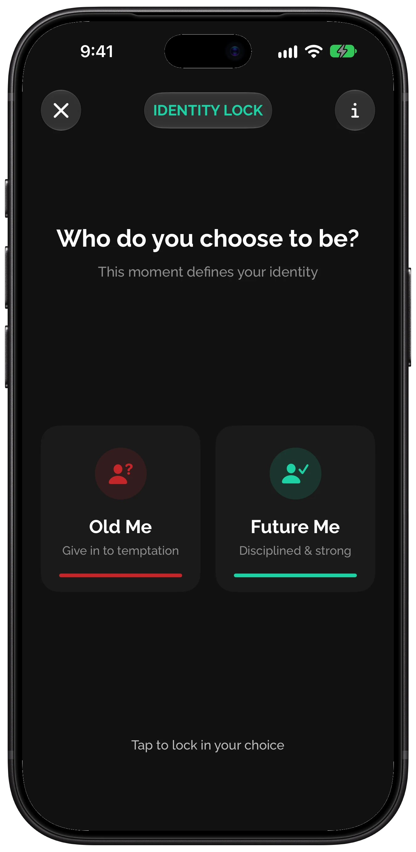 Identity Lock in the Rewire app: Who do you choose to be? Old Me or Future Me