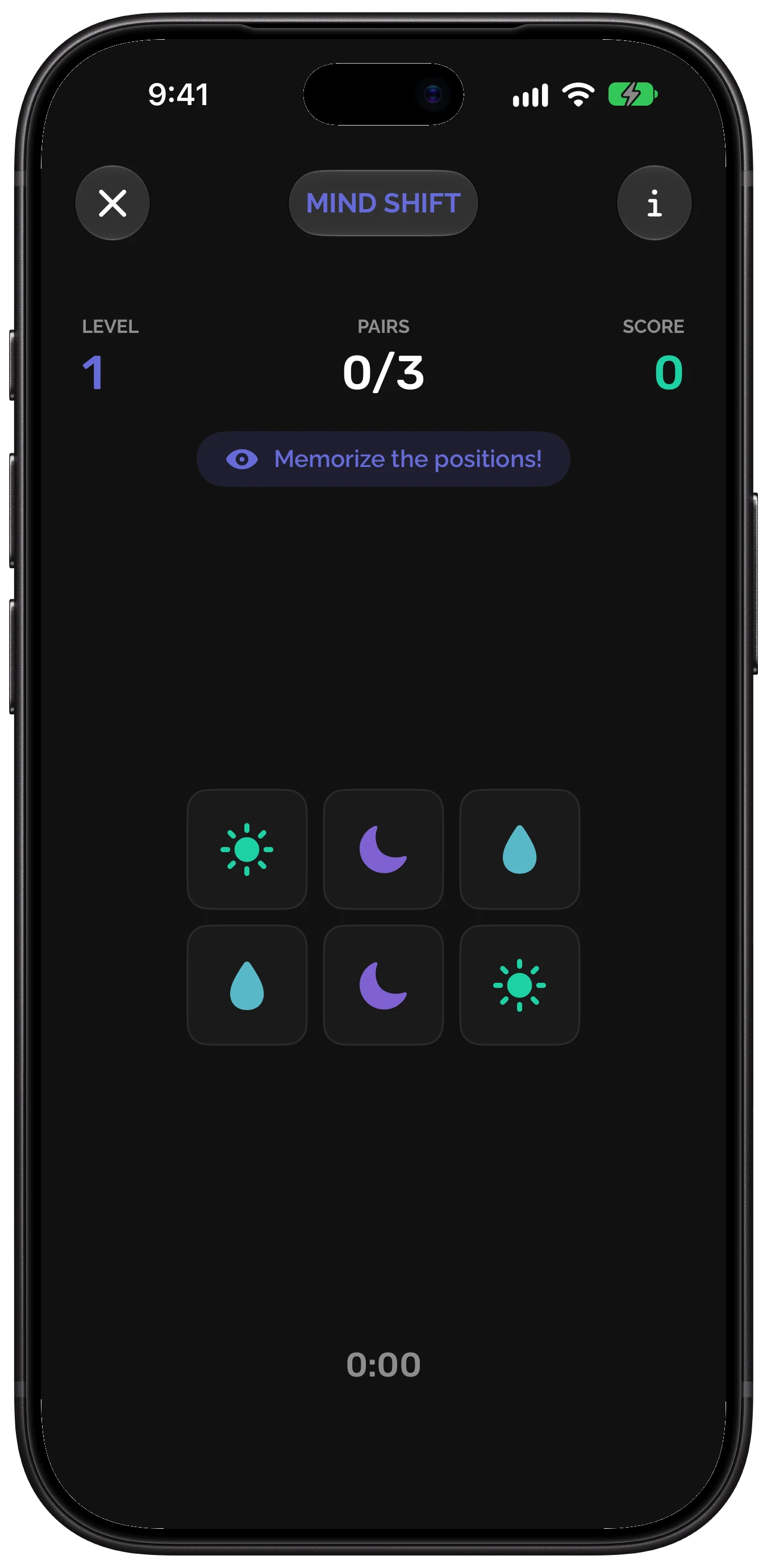 Mind Shift in the Rewire app: memorize the positions of the symbol pairs