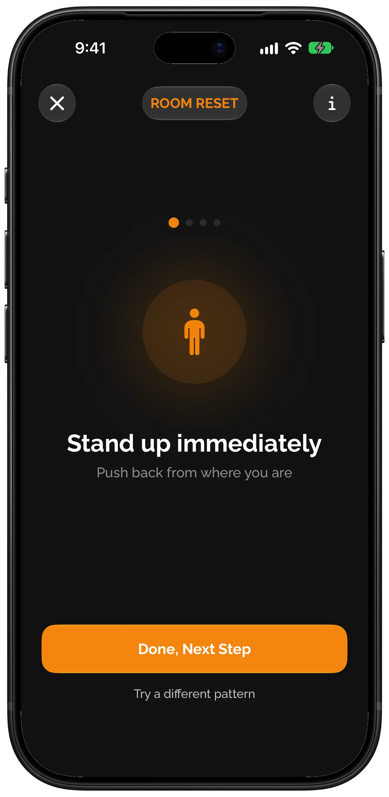 Pattern Break in the Rewire app: Room Reset, step 1, Stand up immediately
