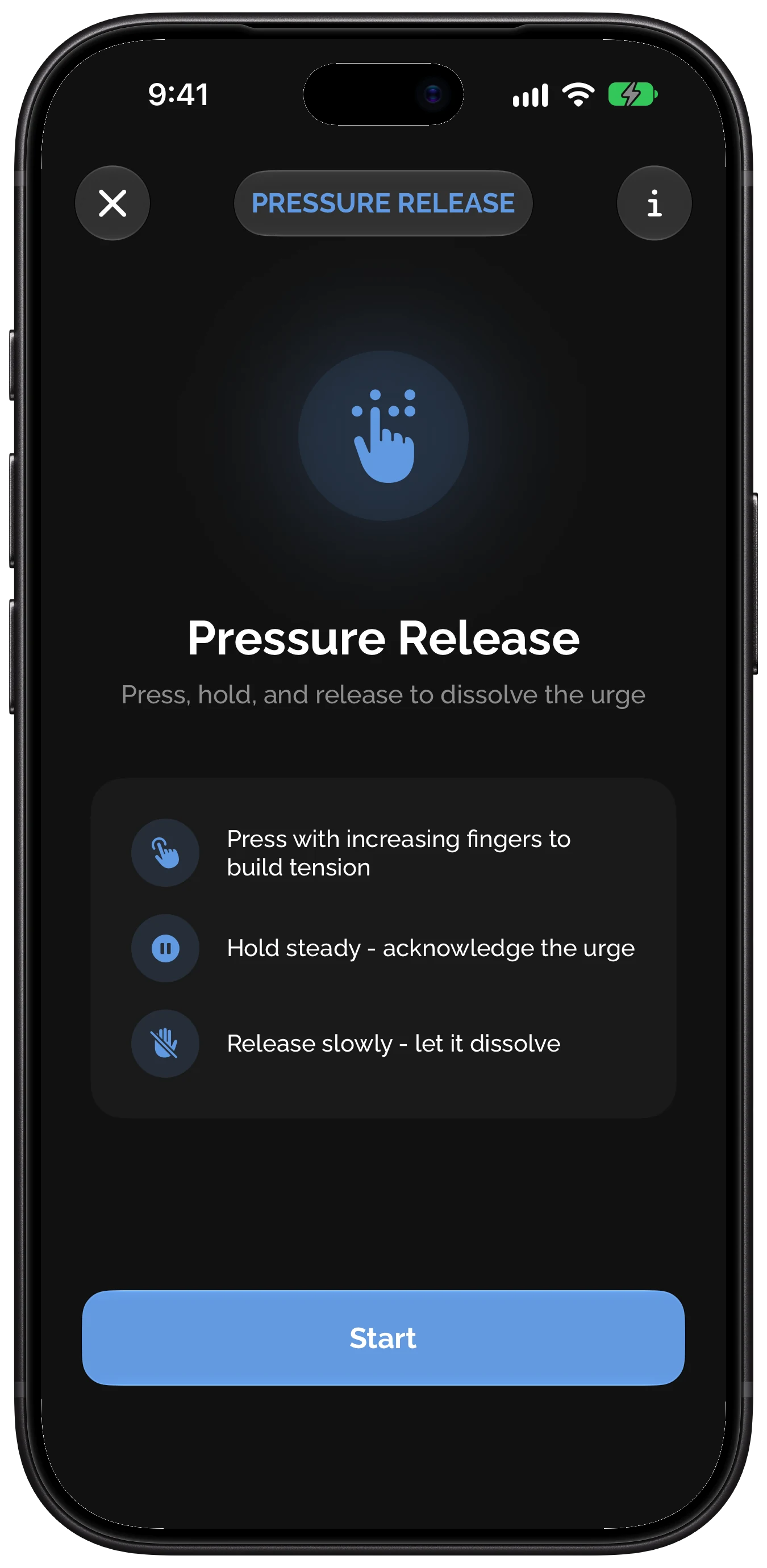 Pressure Release in the Rewire app: press, hold and release to dissolve the urge
