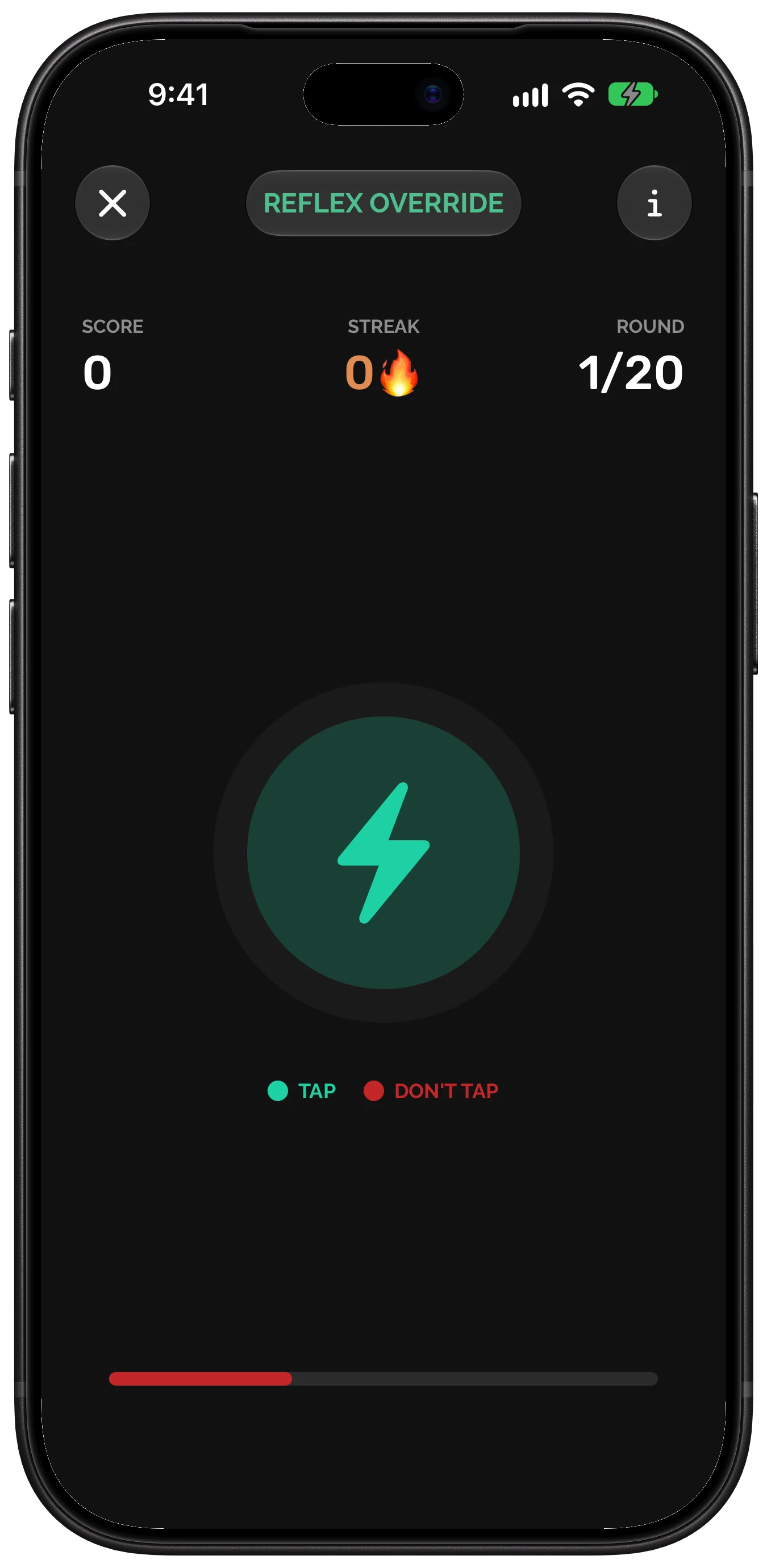 Reflex Override in the Rewire app: a green symbol to tap, round 1 of 20