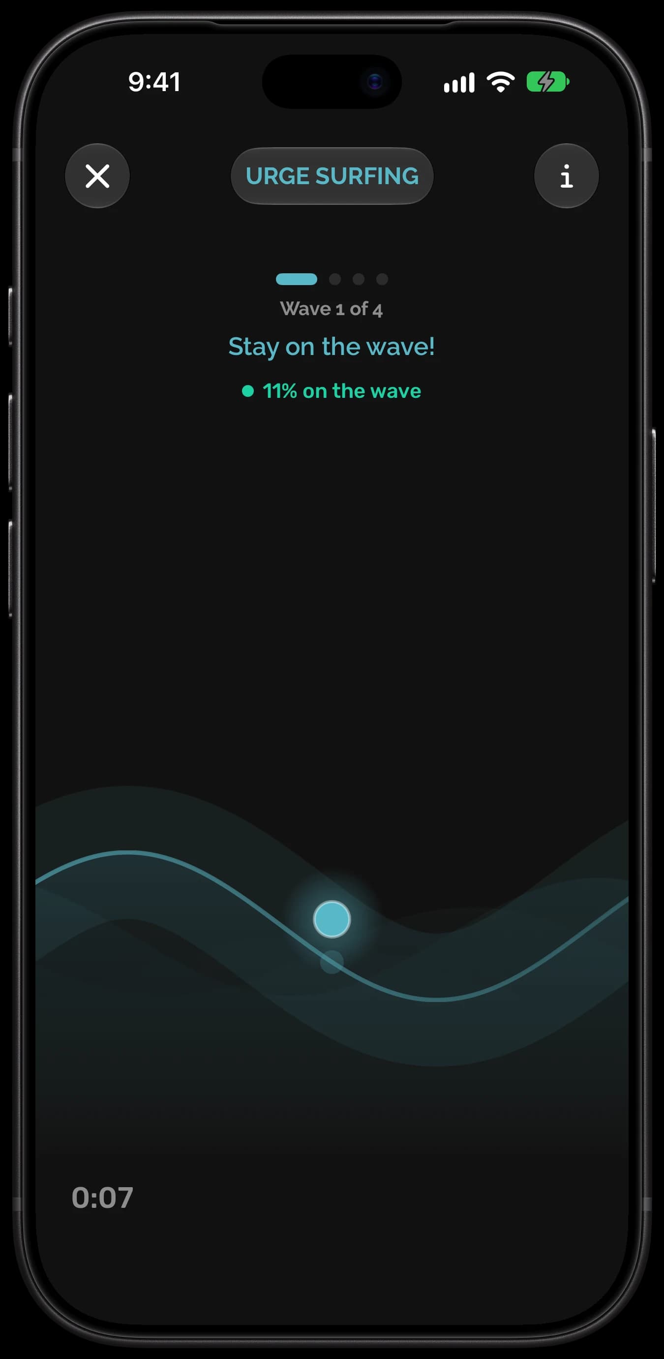 Urge Surfing in the Rewire app: wave 1 of 4, Stay on the wave!